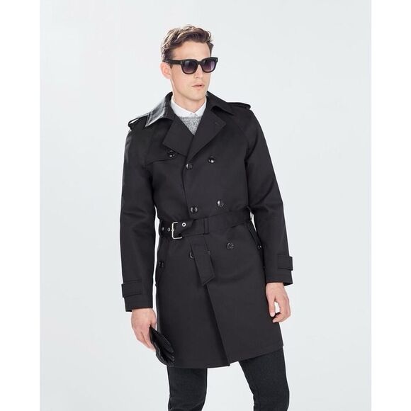 Zara Men Black Military Trench Coat Jacket Belted Double Breasted Size L